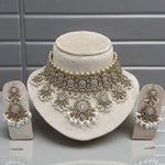 Luxury Mint Green Kundan Choker Pearl Detailing Necklace Set with Beads & Earrings - Libasaa.com