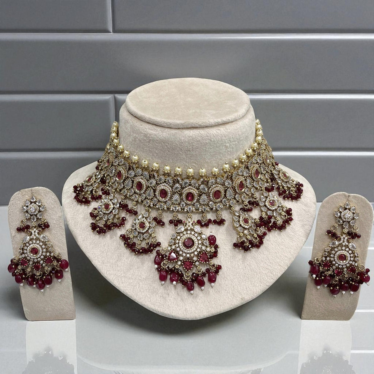 Luxury Mint Green Kundan Choker Pearl Detailing Necklace Set with Beads & Earrings - Libasaa.com