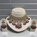 Luxury Mint Green Kundan Choker Pearl Detailing Necklace Set with Beads & Earrings - Libasaa.com