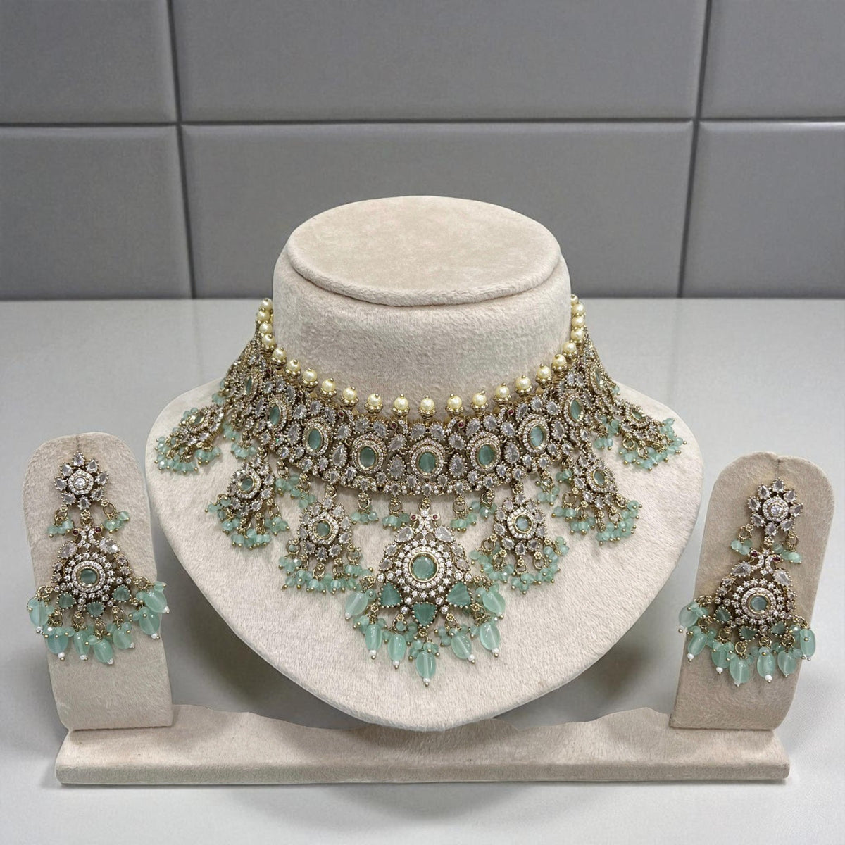 Luxury Mint Green Kundan Choker Pearl Detailing Necklace Set with Beads & Earrings - Libasaa.com