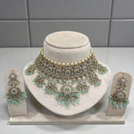 Luxury Mint Green Kundan Choker Pearl Detailing Necklace Set with Beads & Earrings - Libasaa.com