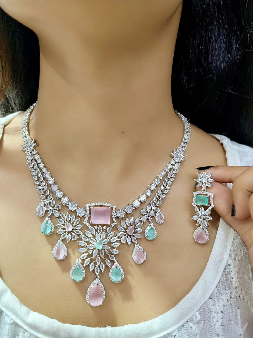 Exquisite Ruby and Diamond Necklace with Matching Earring Set - Libasaa.com