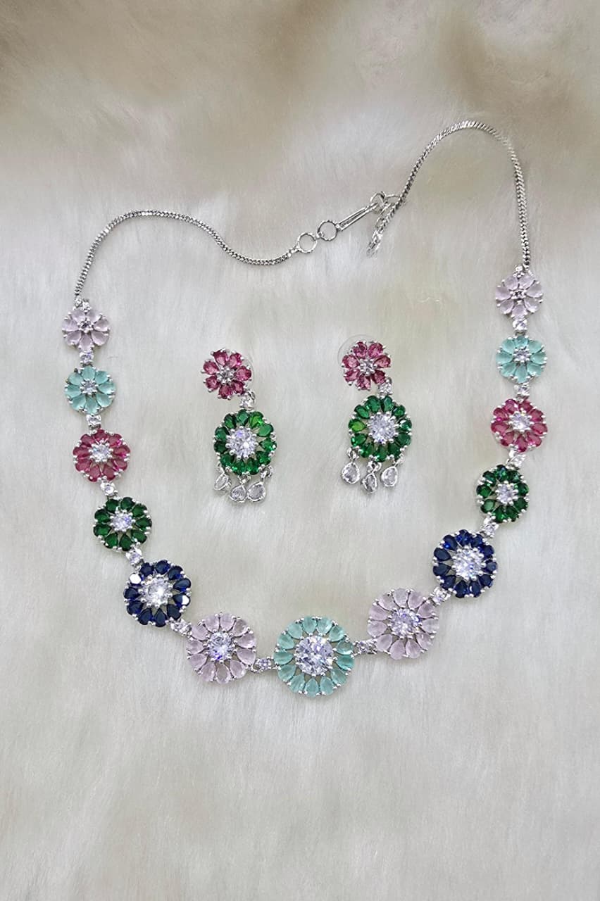 Multicolor Floral Stone Necklace & Earring Set - Libasaa.com
