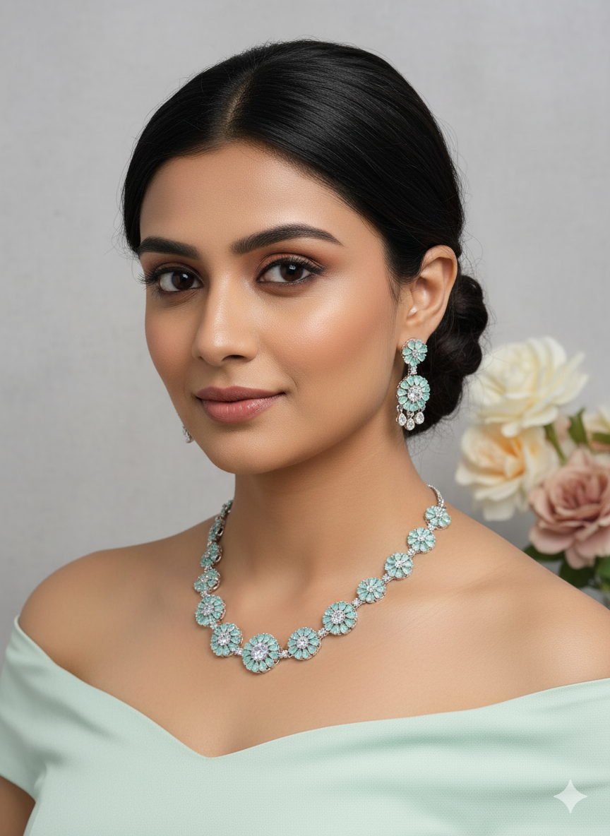 Multicolor Floral Stone Necklace & Earring Set - Libasaa.com