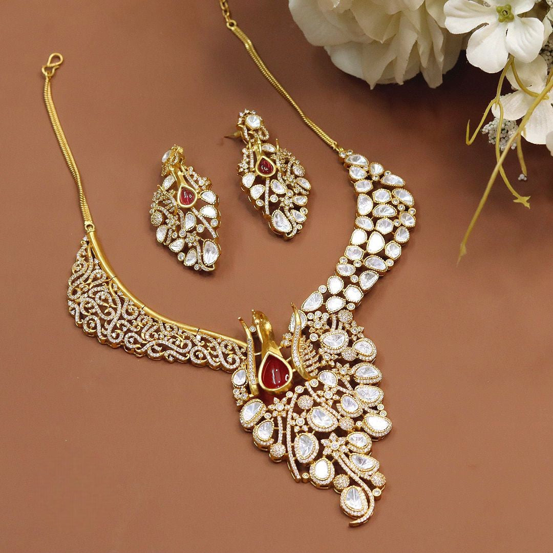 Peacock-Inspired Gold & Ruby Bridal Necklace Set with Earrings - Libasaa.com