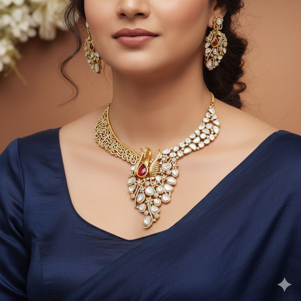 Peacock-Inspired Gold & Ruby Bridal Necklace Set with Earrings - Libasaa.com