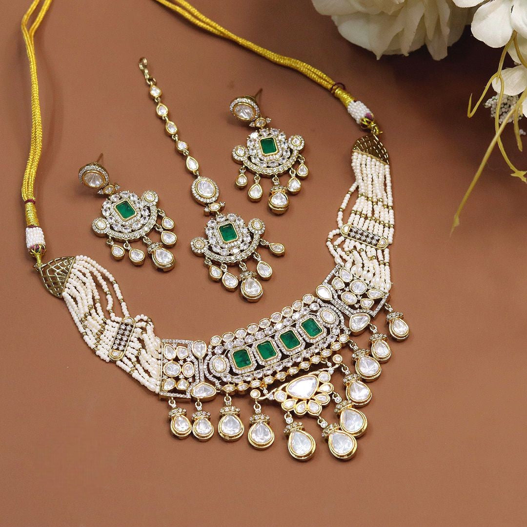 Regal Polki & Emerald Jadau Jewelry Set with Pearls - Traditional Indian Bridal Choker - Libasaa.com