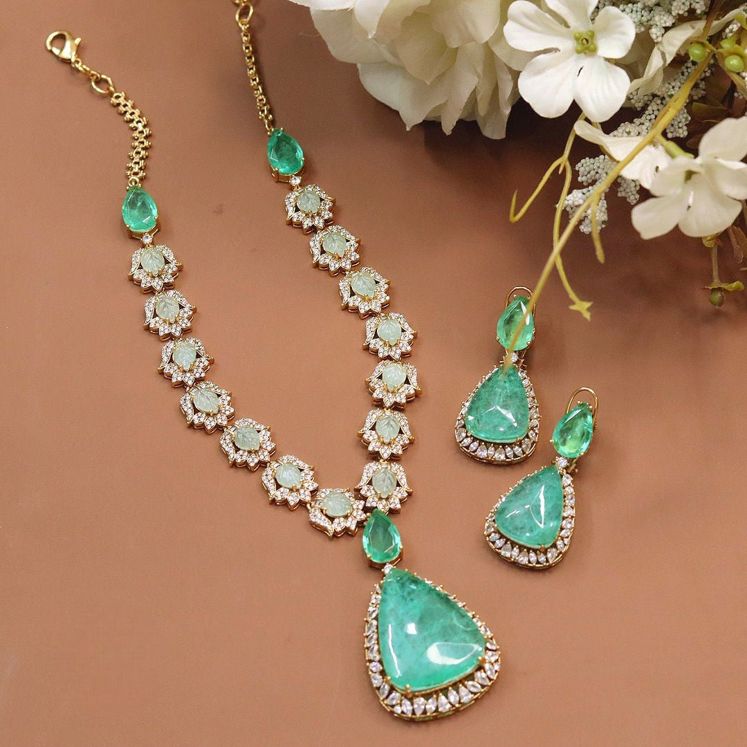 Exquisite Tear-Drop Emerald and Kundan Style Necklace Set - Gold Plated Statement Jewelry - Libasaa.com