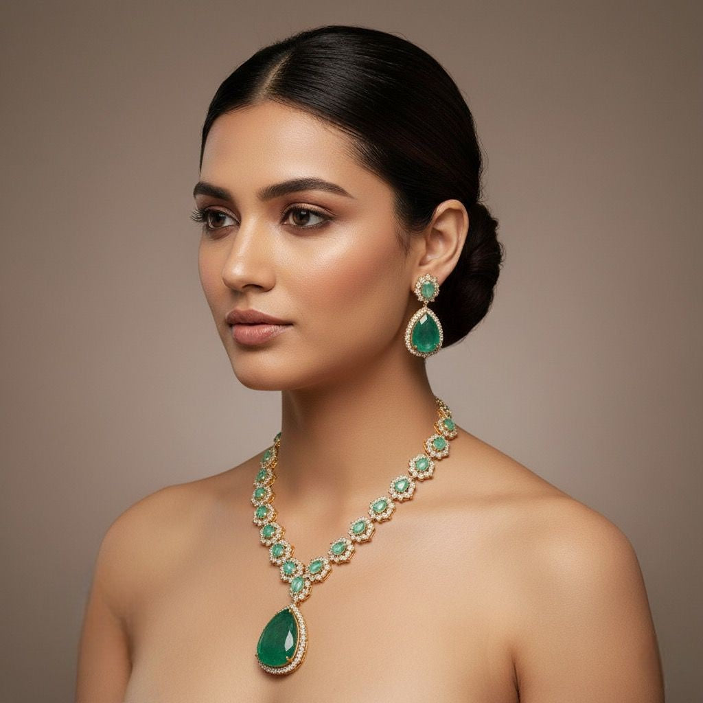 Exquisite Tear-Drop Emerald and Kundan Style Necklace Set - Gold Plated Statement Jewelry - Libasaa.com