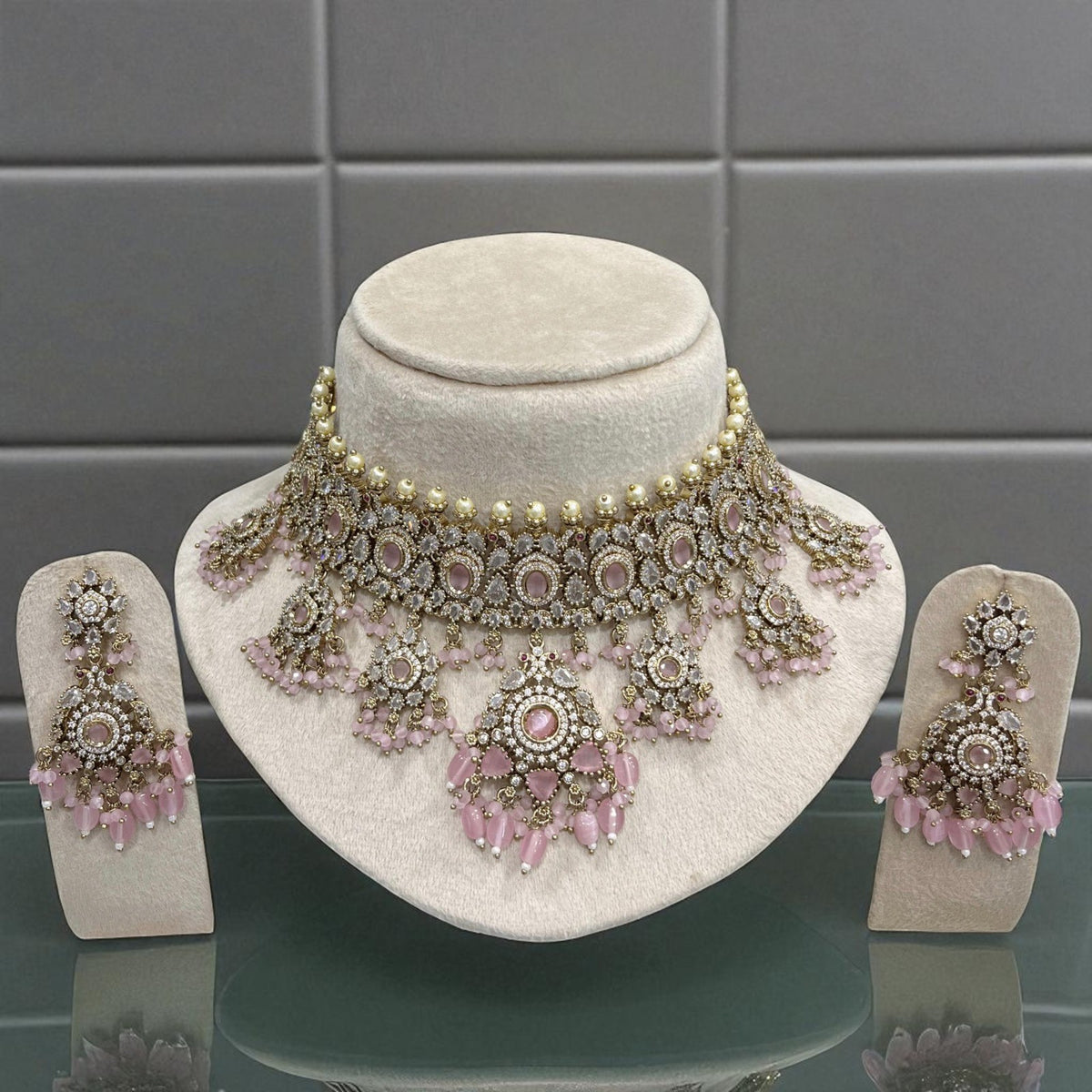 Luxury Mint Green Kundan Choker Pearl Detailing Necklace Set with Beads & Earrings - Libasaa.com