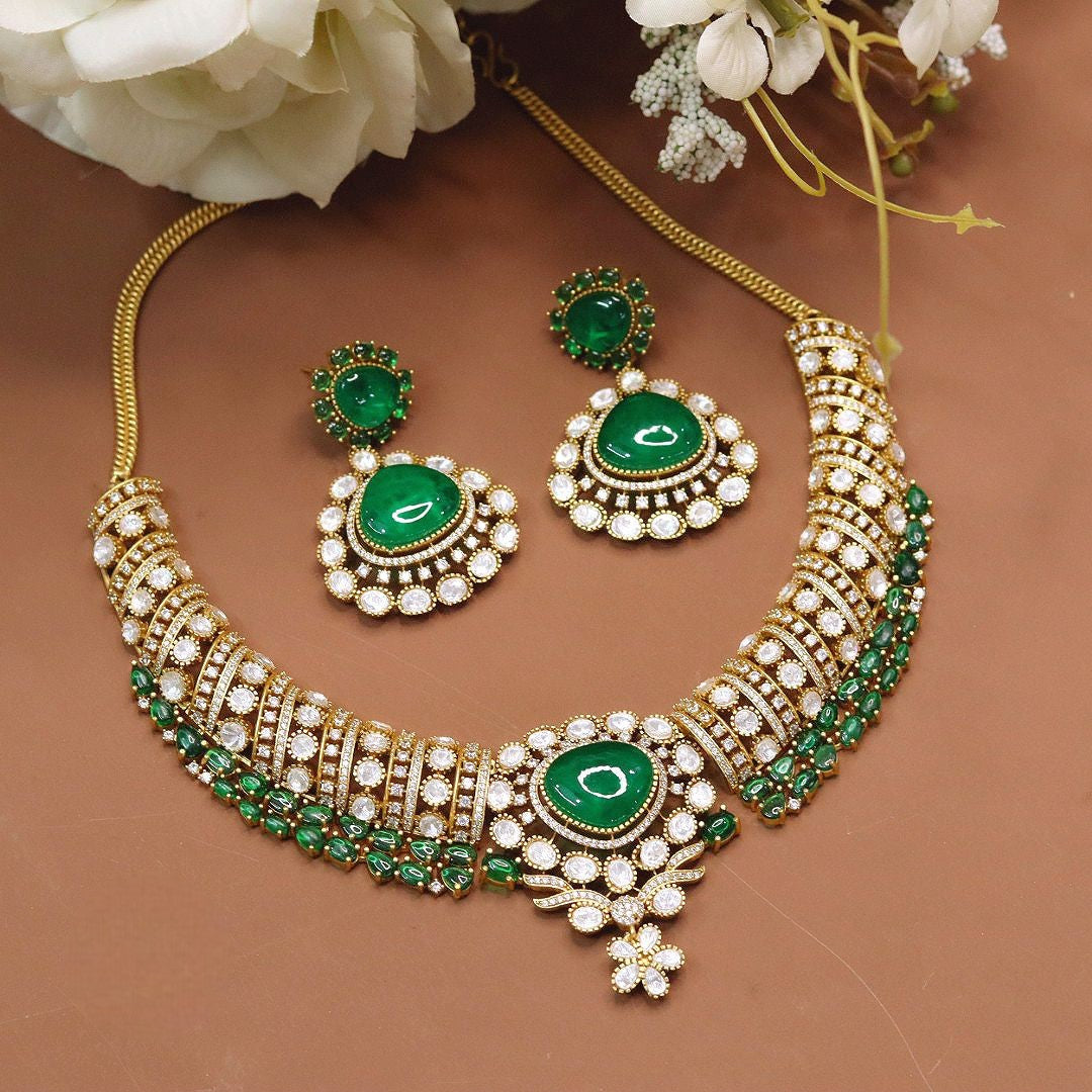 Stunning Gold-Plated Kundan & Emerald Green Stone Necklace Set - Libasaa.com