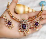 Modern Emerald Green & Diamond-Look Gold Choker Necklace Set with Pearl Drops - Libasaa.com