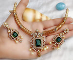 Modern Emerald Green & Diamond-Look Gold Choker Necklace Set with Pearl Drops - Libasaa.com