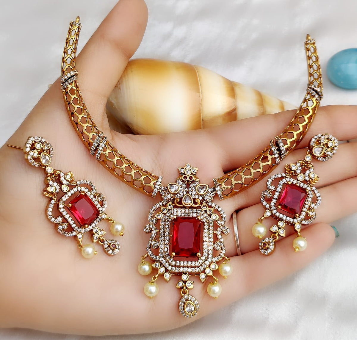 Modern Emerald Green & Diamond-Look Gold Choker Necklace Set with Pearl Drops - Libasaa.com