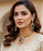 Modern Emerald Green & Diamond-Look Gold Choker Necklace Set with Pearl Drops - Libasaa.com