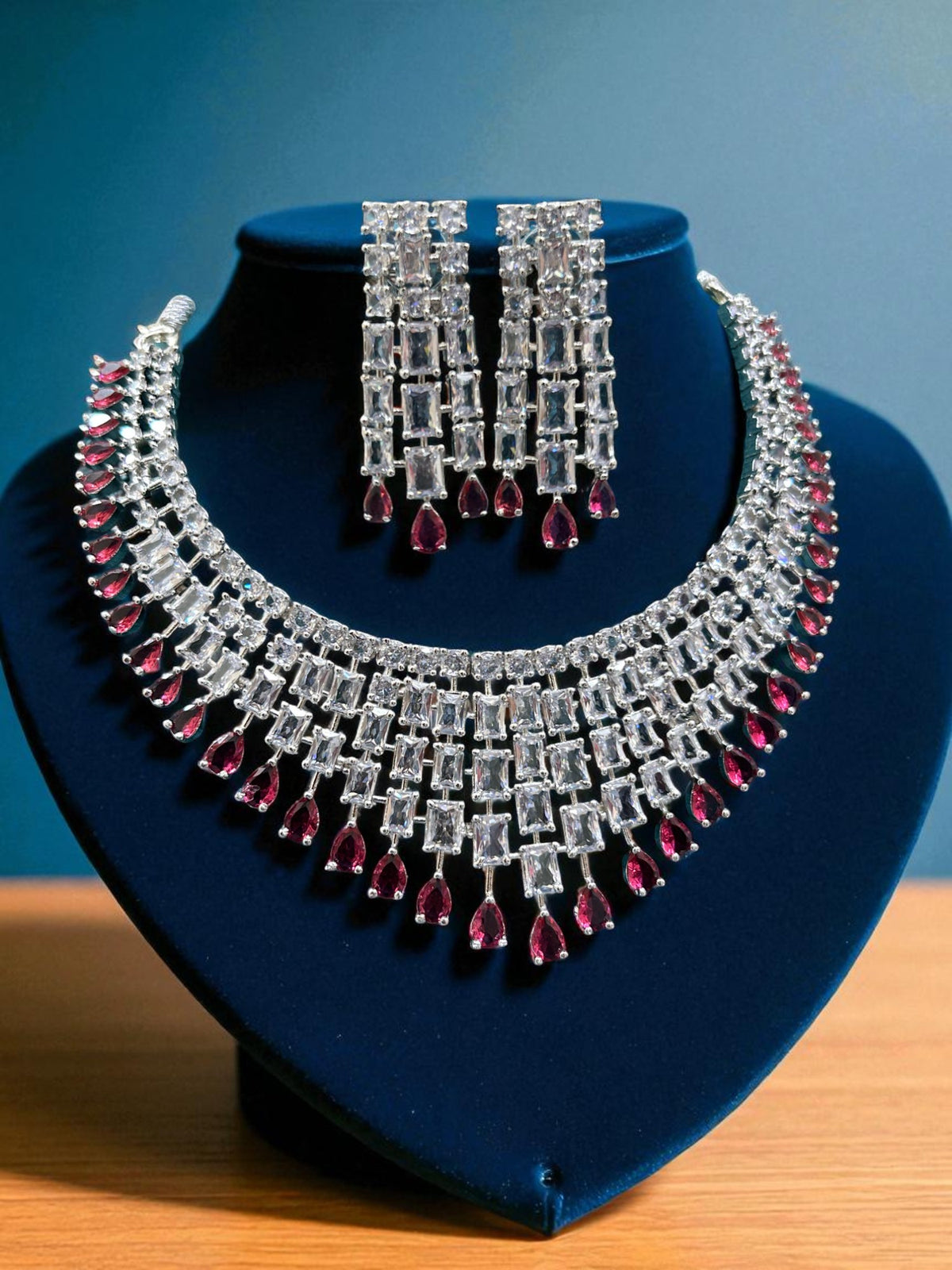 Luxury CZ Stone Bridal Necklace Set with Long Drop Earrings – Silver Finish - Libasaa.com