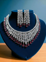 Luxury CZ Stone Bridal Necklace Set with Long Drop Earrings – Silver Finish - Libasaa.com