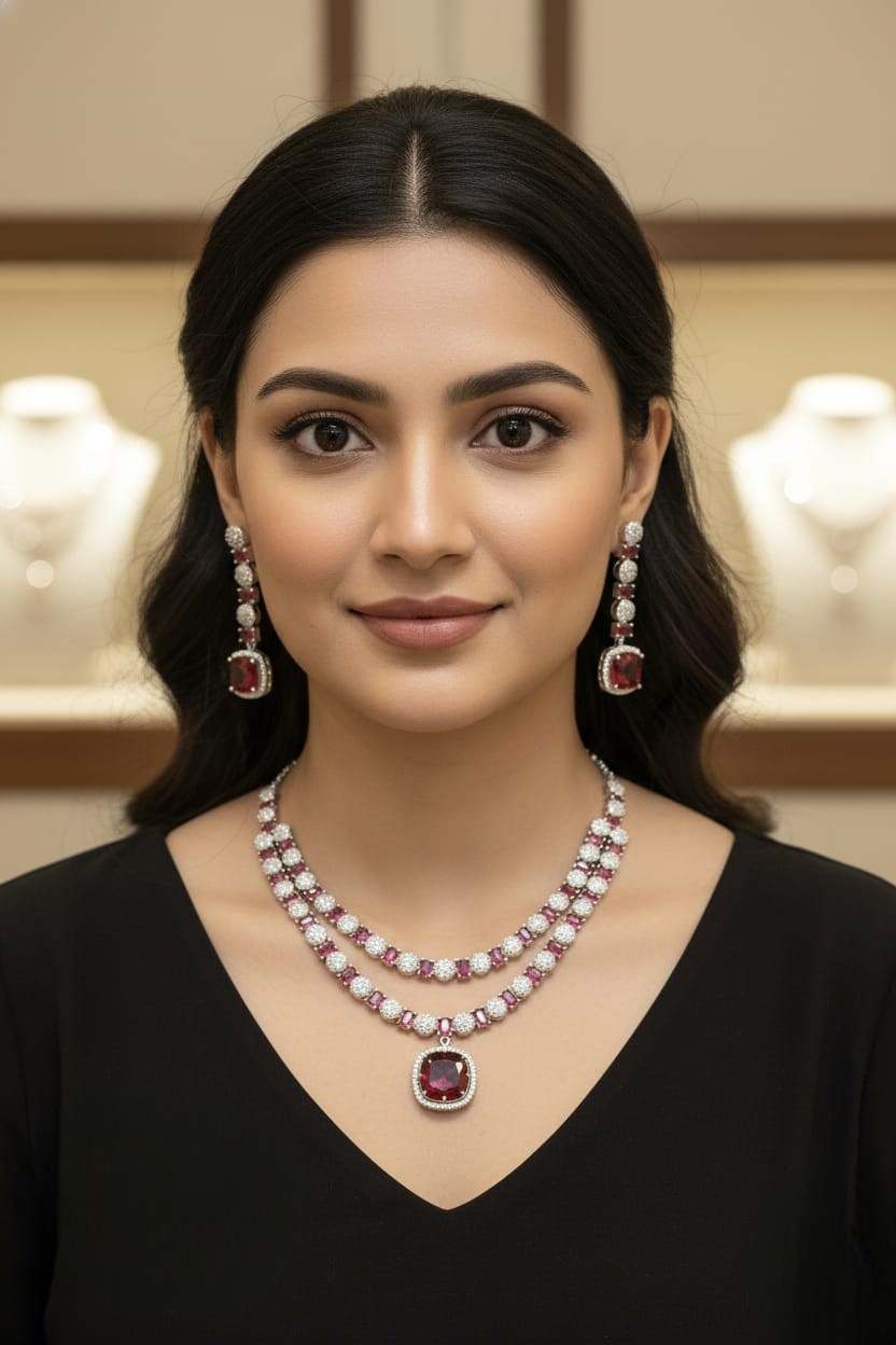 Royal Blue Sapphire & Silver Diamond Necklace & Earring Set – Majestic Glamour