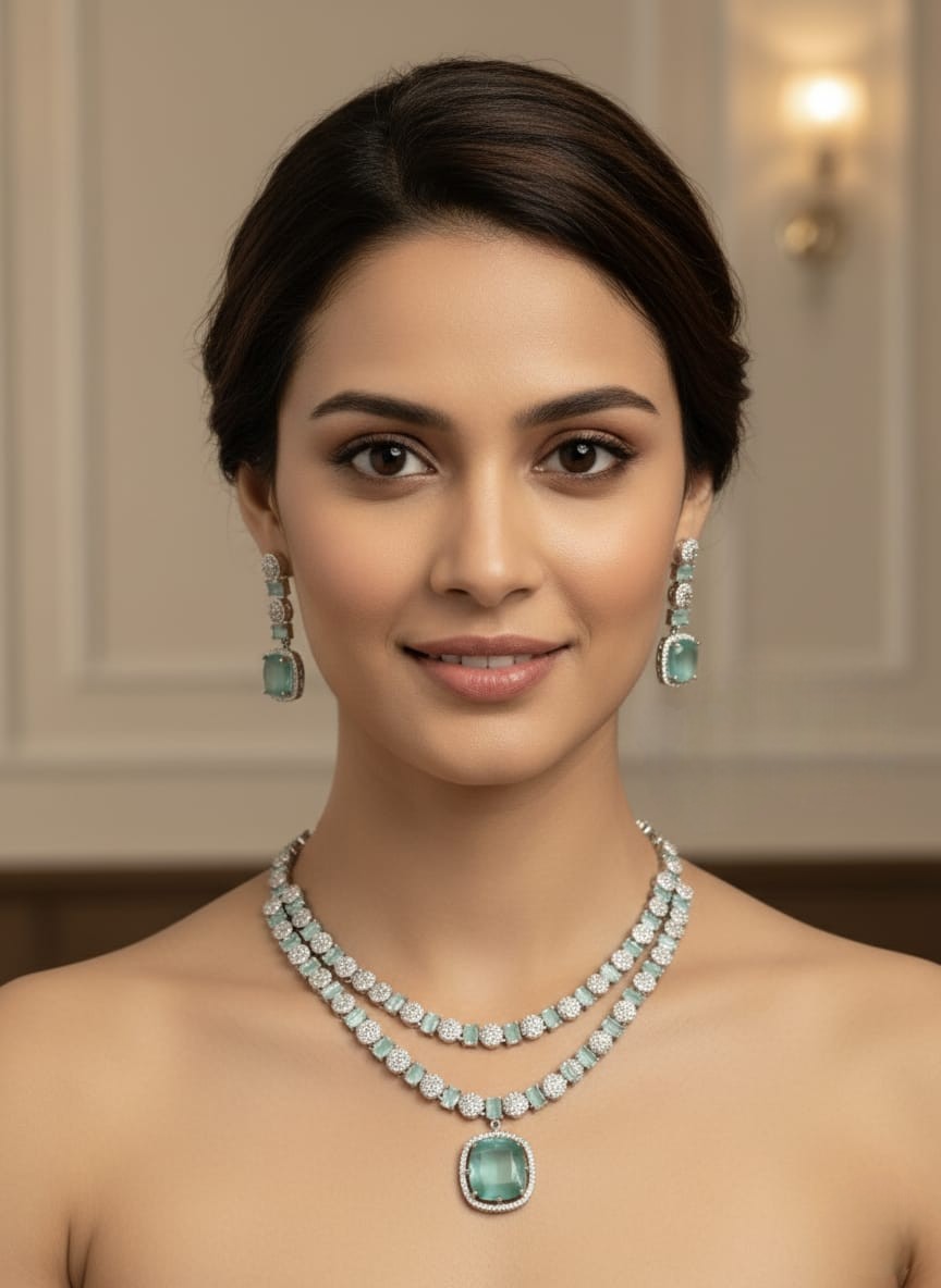 Royal Blue Sapphire & Silver Diamond Necklace & Earring Set – Majestic Glamour