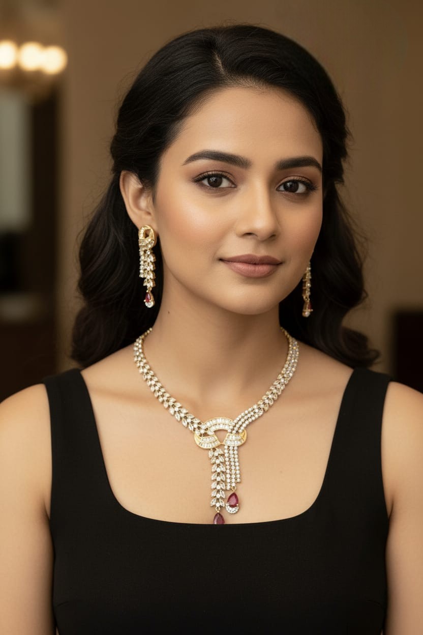 Ruby Drop Gold-Plated Diamond Necklace & Earring Set – Elegant Luxe