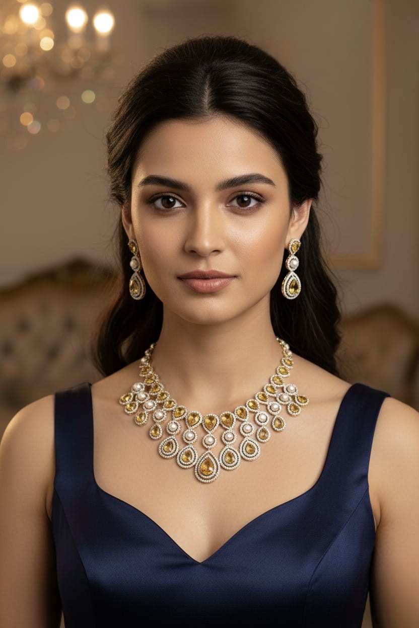 Royal Gold & Pearl Teardrop Necklace Set – Exquisite Bridal Grandeur