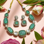 Elegant Green Doublet Stone Necklace Set with CZ Accents Bridal & Festive Jewelry - Libasaa.com