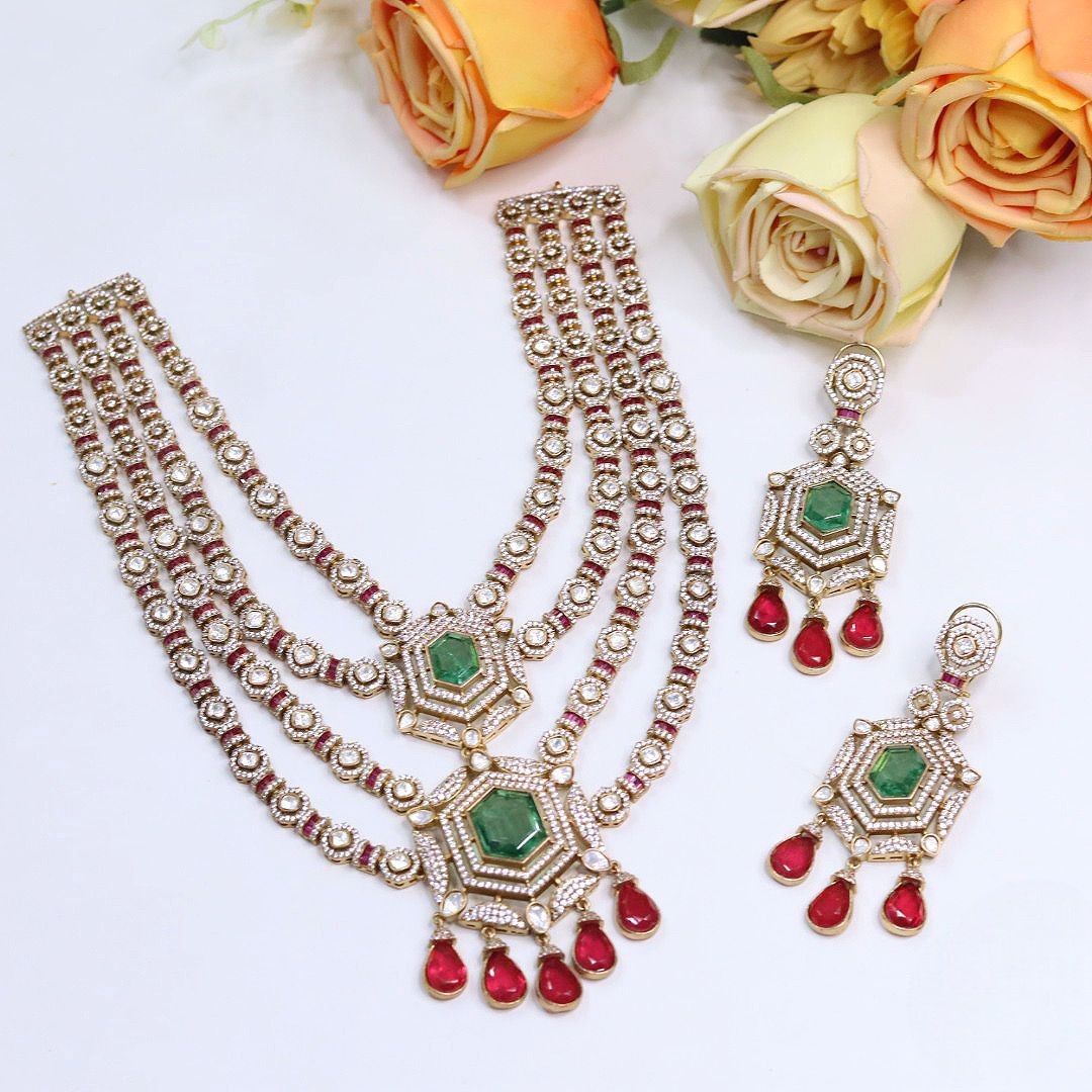 Emerald & Ruby Layered Kundan Necklace Set – Regal Bridal Statement - Libasaa.com