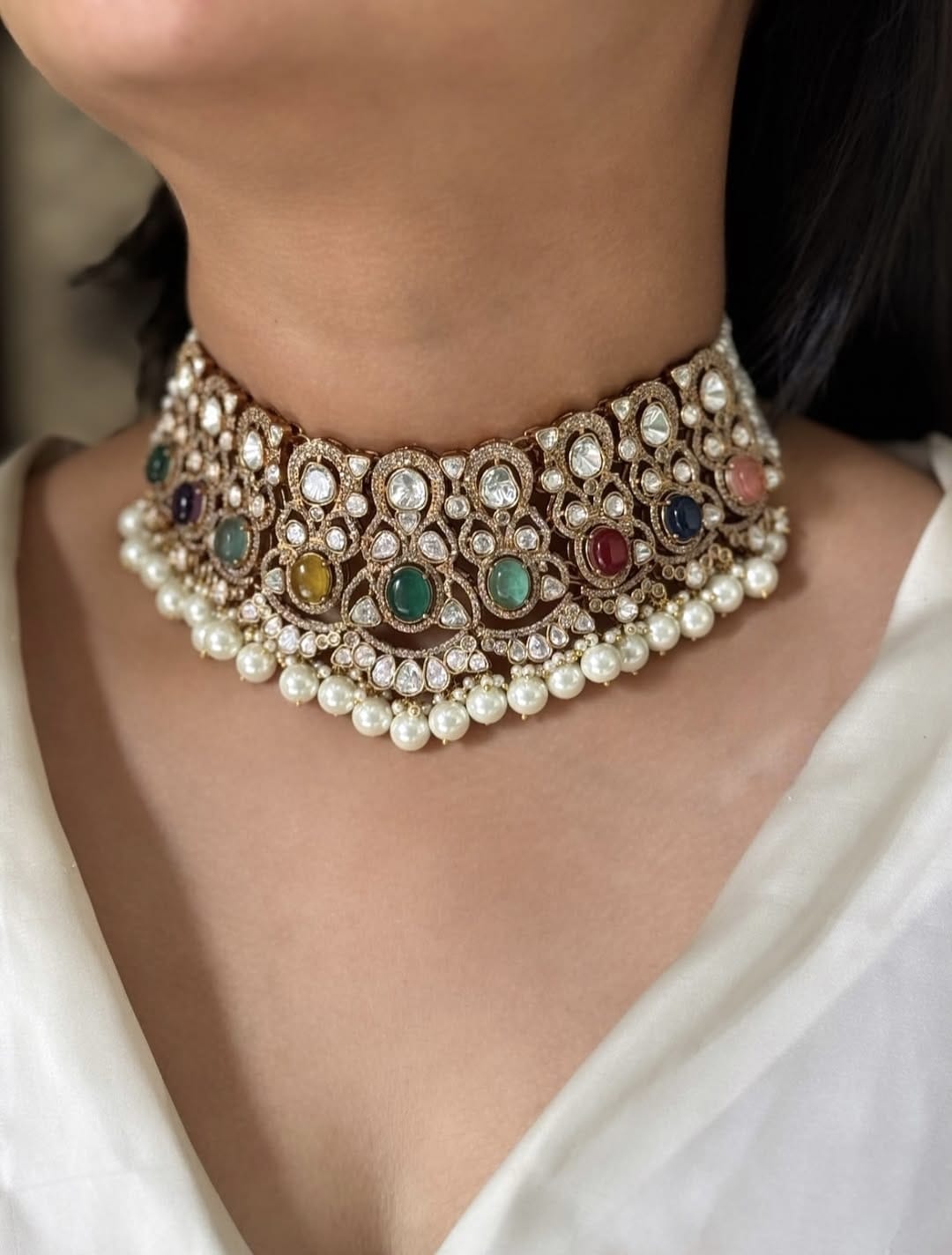 Multi-Stone Kundan Pearl Choker Set – Royal Traditional Beauty - Libasaa.com