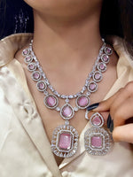 Elegant Dual-Tone Emerald & Pink Stone Necklace Set β Dazzling Diamond Finish - Libasaa.com