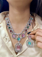 Elegant Dual-Tone Emerald & Pink Stone Necklace Set β Dazzling Diamond Finish - Libasaa.com