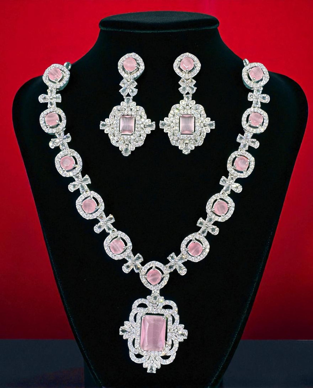 Elegant Pink Crystal & Diamond-Inspired Necklace and Earring Set Luxe Statement Jewelry - Libasaa.com