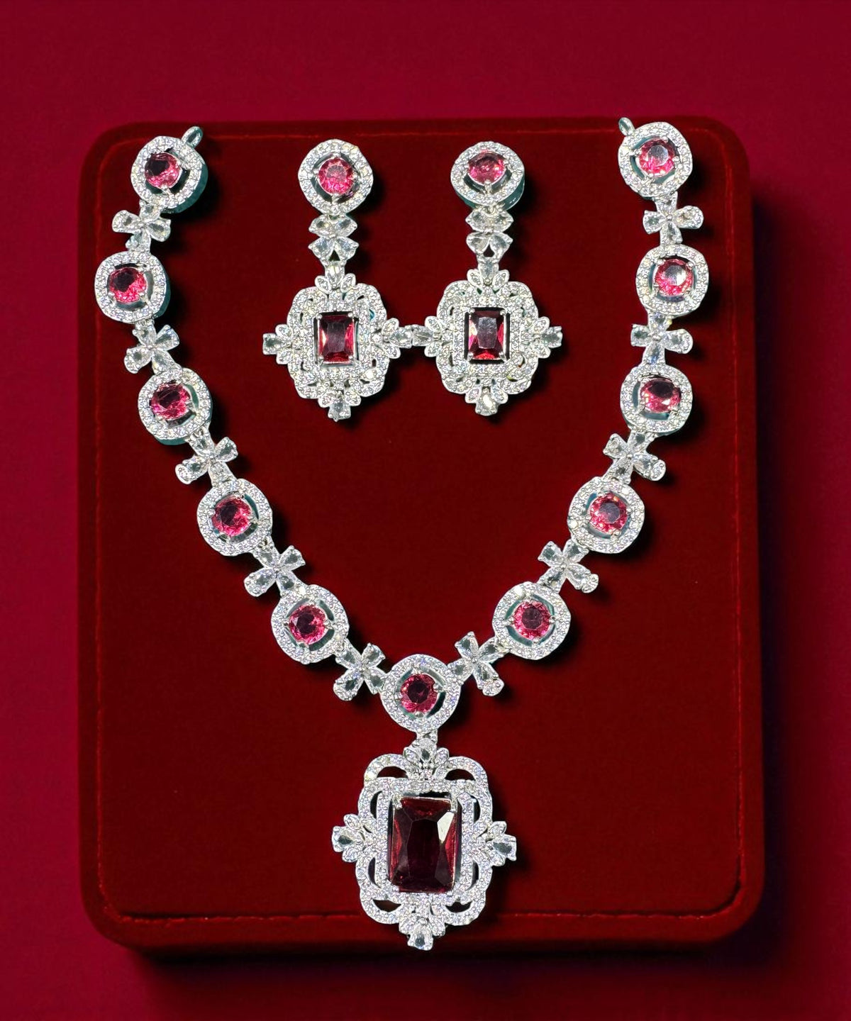 Elegant Pink Crystal & Diamond-Inspired Necklace and Earring Set Luxe Statement Jewelry - Libasaa.com