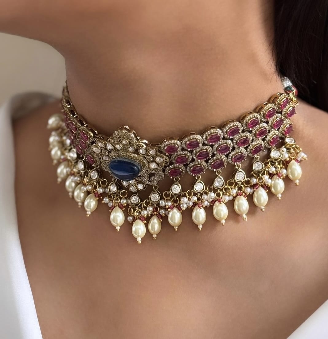 Royal Ruby & Emerald Kundan Choker Necklace Set – Bridal Polki Jewelry for Weddings - Libasaa.com