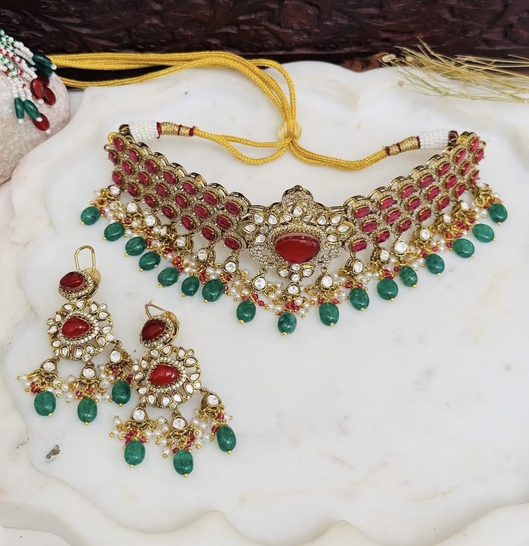 Royal Ruby & Emerald Kundan Choker Necklace Set – Bridal Polki Jewelry for Weddings - Libasaa.com