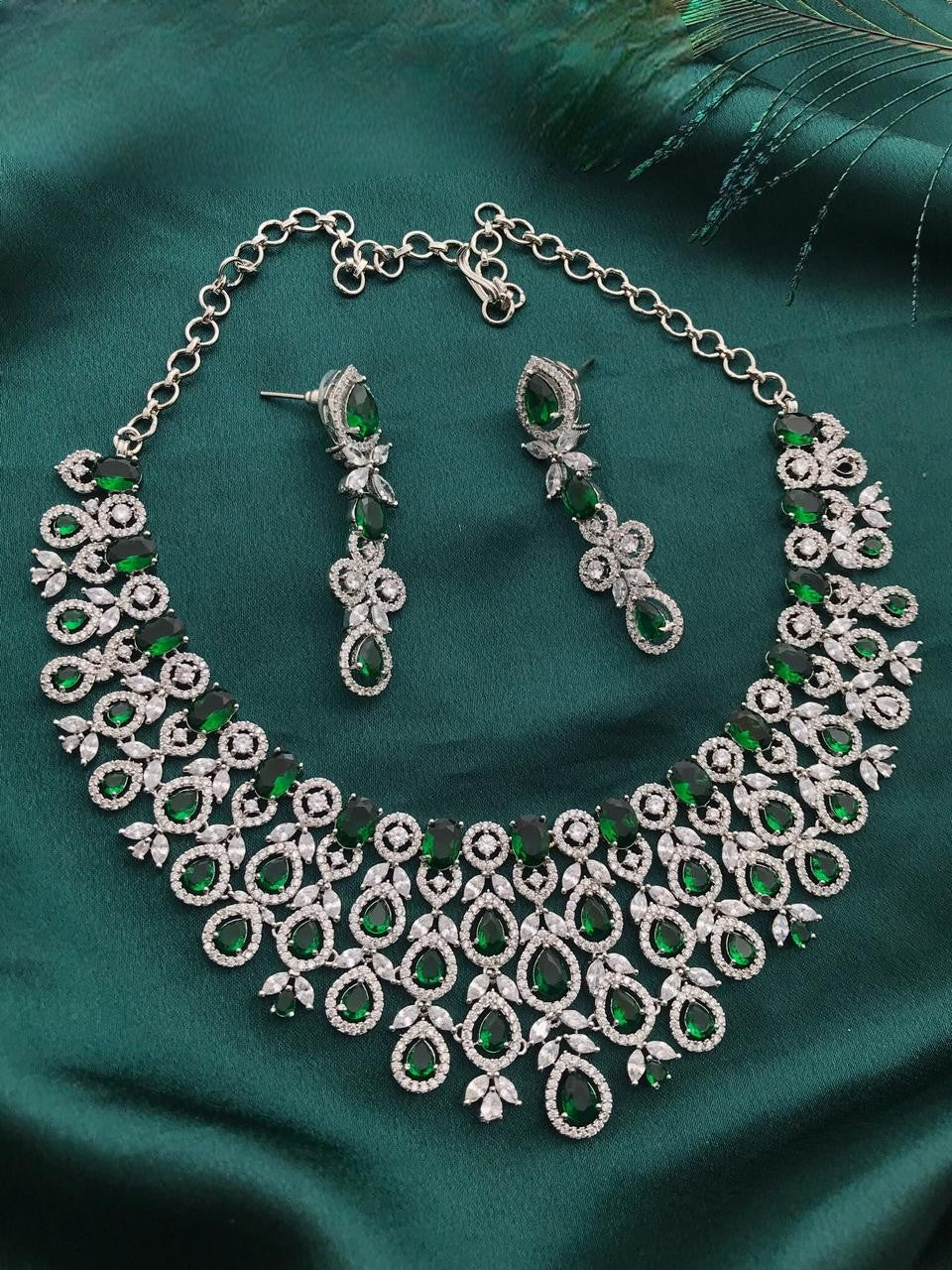 Elegant Green Stone Diamond Choker Necklace Set β Bridal & Party Wear - Libasaa.com