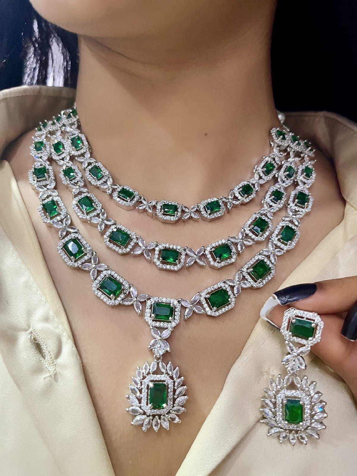 Green American Diamond Necklace Set for Brides | Indian Party Wear Jewelry Online