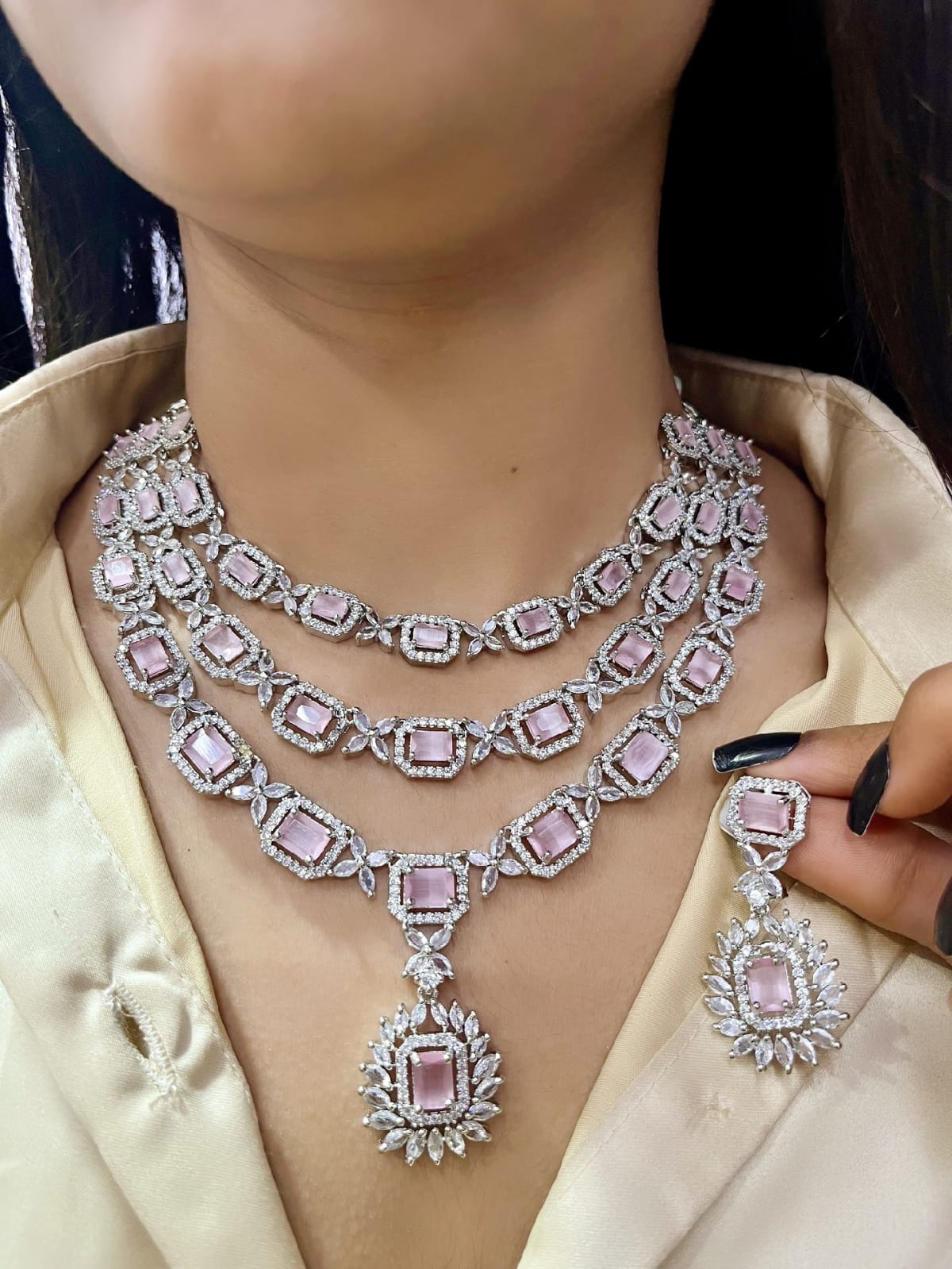 Green American Diamond Necklace Set for Brides | Indian Party Wear Jewelry Online