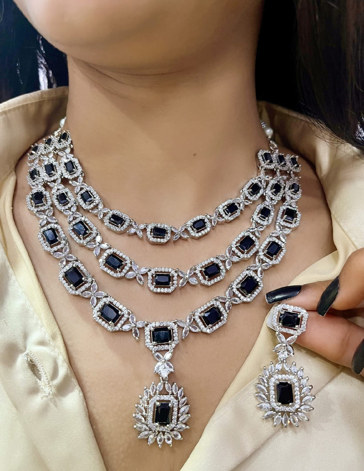 Green American Diamond Necklace Set for Brides | Indian Party Wear Jewelry Online