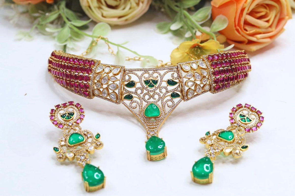 Bridal Kundan Polki Stones Necklace & Earring Set | Bridal Choker & Necklace Set | Premium Bridal Indian Jewellery