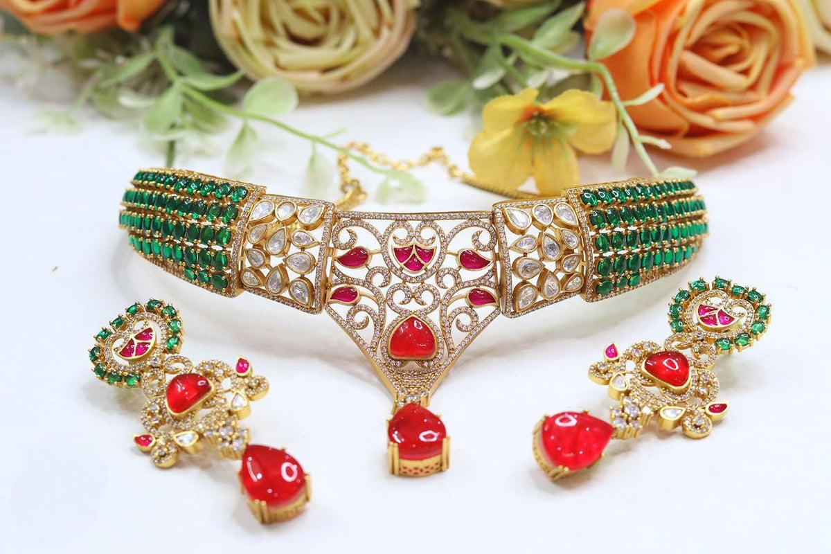 Bridal Kundan Polki Stones Necklace & Earring Set | Bridal Choker & Necklace Set | Premium Bridal Indian Jewellery