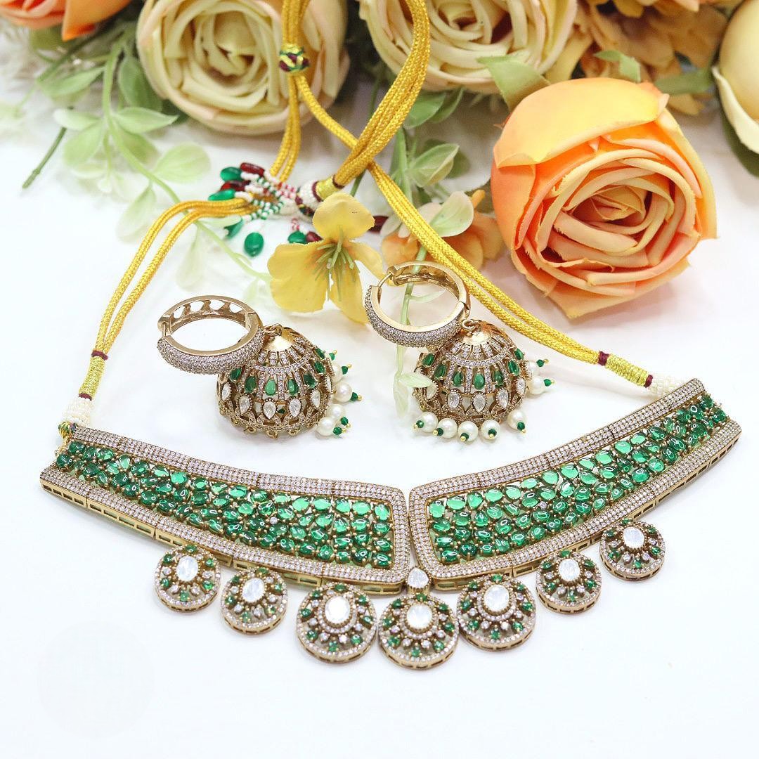 Bridal Choker Set Polki Stones Necklace & Jhumki Earring Jewellery Set | Elegant Indian Bridal Necklace Set | Premium Indian Jewellery