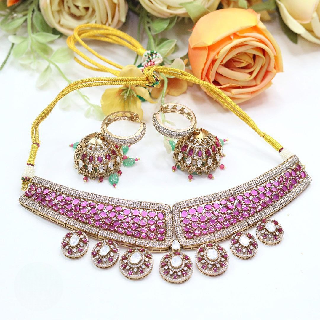 Bridal Choker Set Polki Stones Necklace & Jhumki Earring Jewellery Set | Elegant Indian Bridal Necklace Set | Premium Indian Jewellery