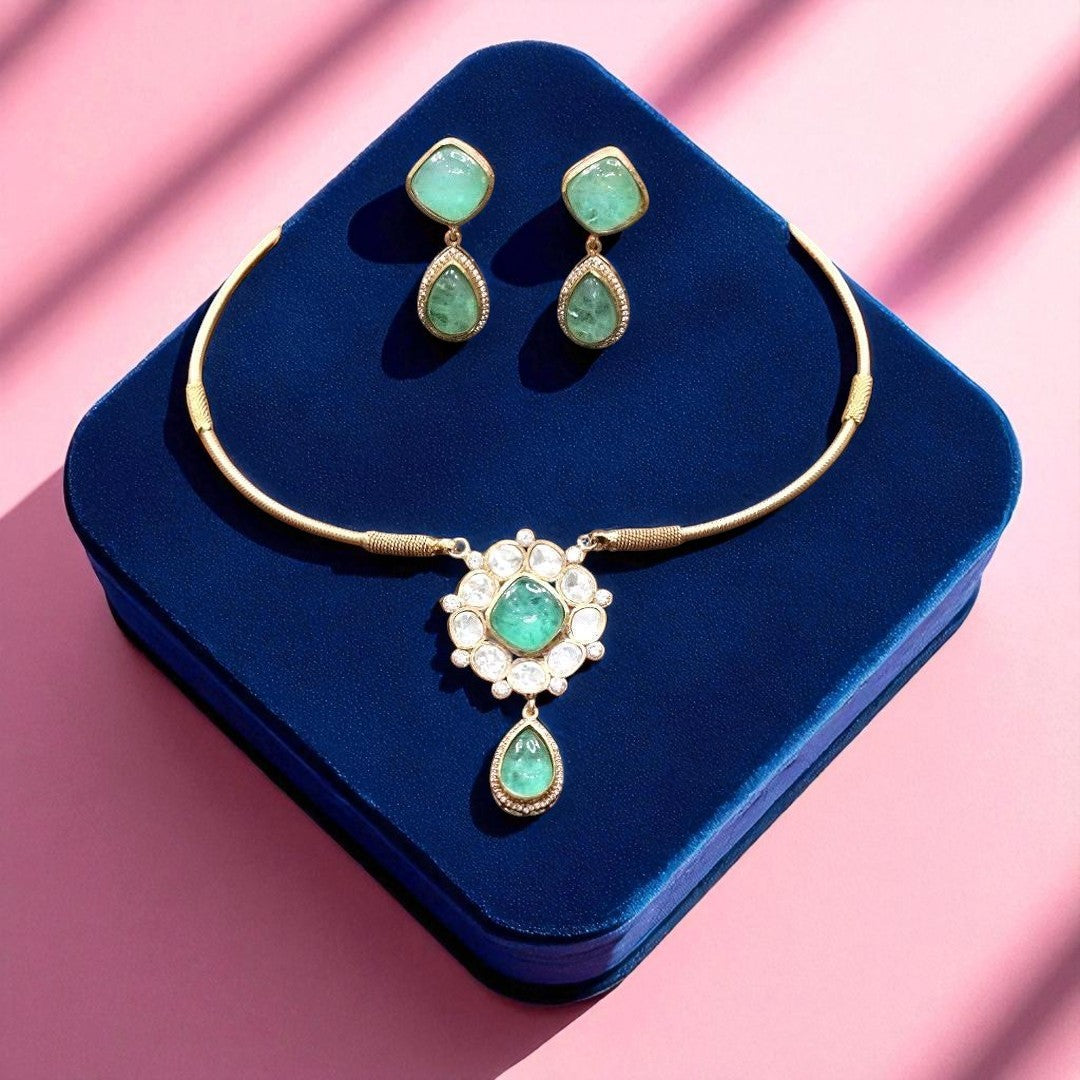 Minimalist Green Stone Necklace & Earring Set – Contemporary Gold-Plated Jewelry - Libasaa.com