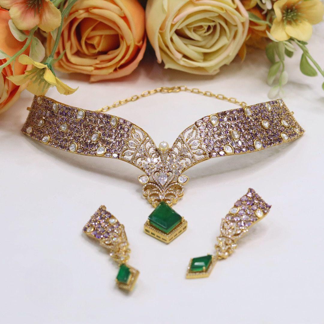 Bridal Choker Set Kundan Stones Necklace & Earring Set | Elegant Indian Bridal Necklace Set | Premium Kundan Indian Jewellery