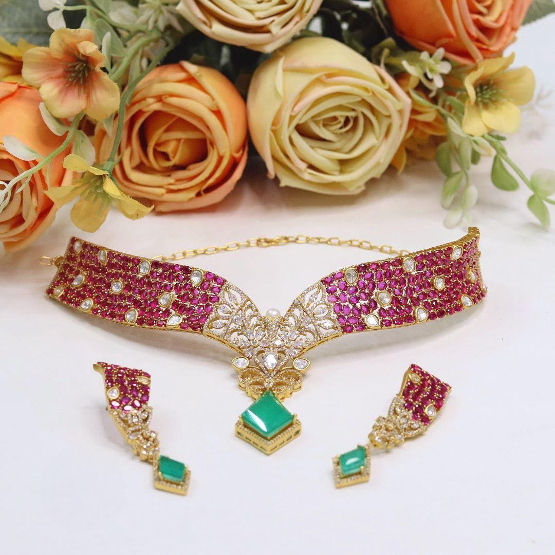 Bridal Choker Set Kundan Stones Necklace & Earring Set | Elegant Indian Bridal Necklace Set | Premium Kundan Indian Jewellery
