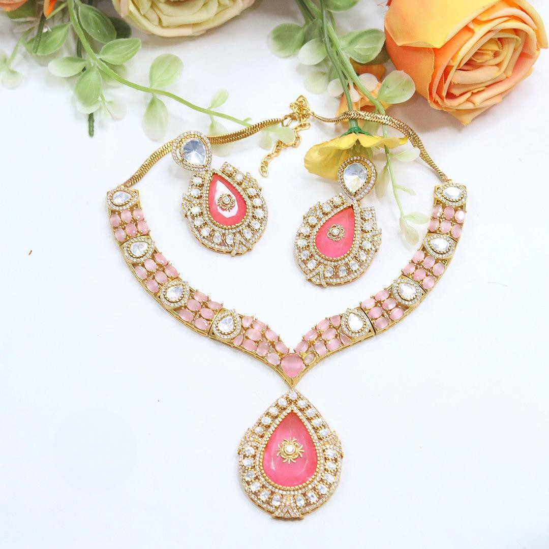Bridal Kundan Stones Necklace & Earrings Set | Tear-Drop Design Choker | Elegant Gold-Tone Indian Bridal Jewellery | Premium Indian Necklace Set