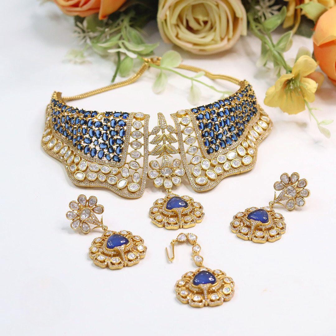 Blue Bridal Kundan Choker Jewellery Set | Premium Kundan Polki Indian Necklace Set | Elegant Indian Bridal Jewellery Set for Wedding