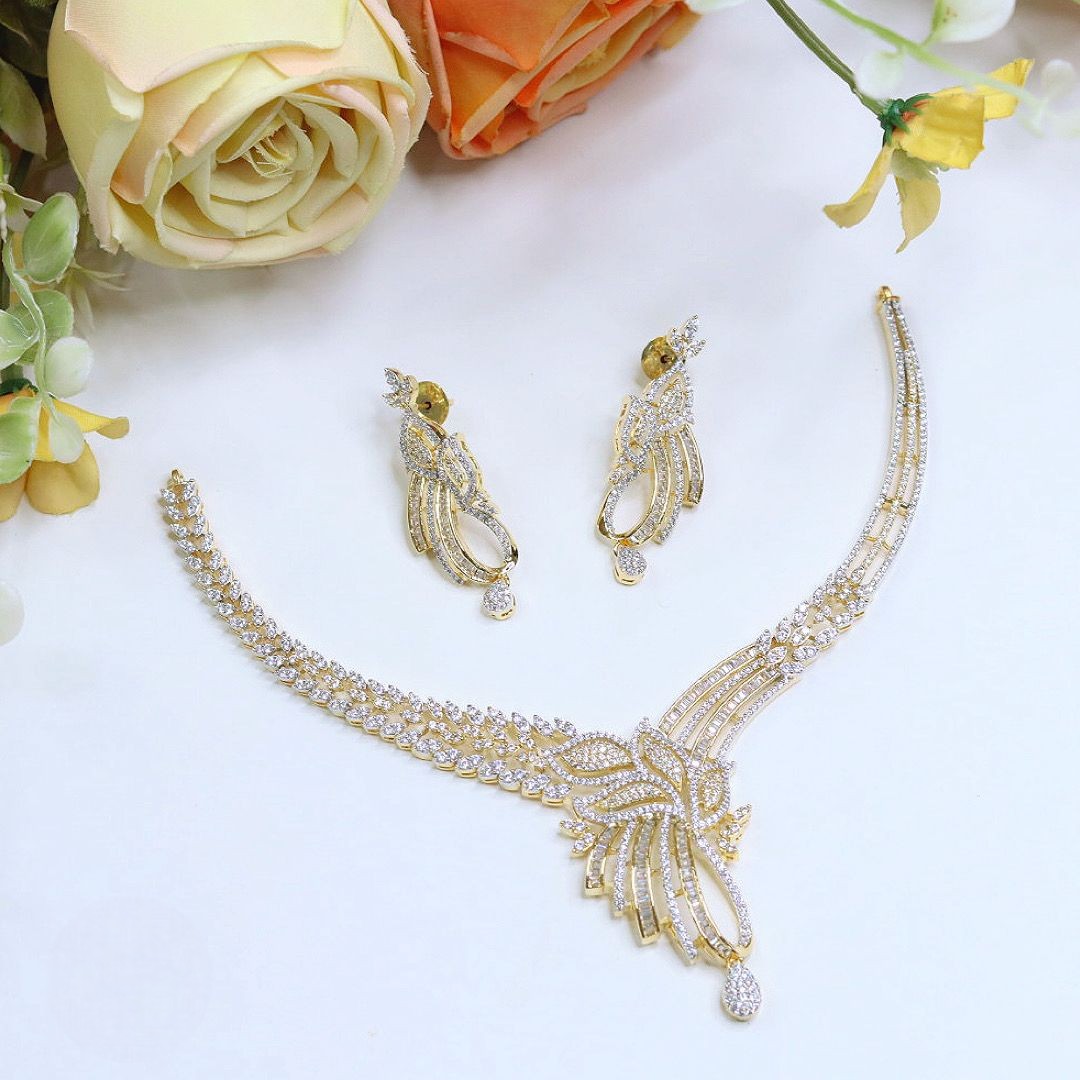CZ Necklace Jewellery Set | American Diamonds Indian Necklace Set with Earrings | Premium Indian Jewellery