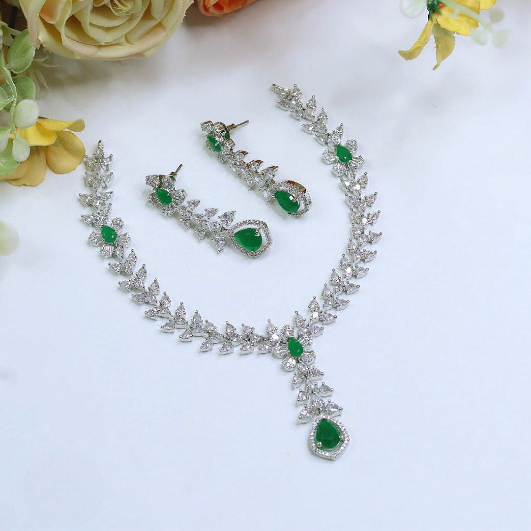 CZ Necklace Jewellery Set | Stone Droplet Indian Necklace Set with Earrings | Premium Indian Jewellery