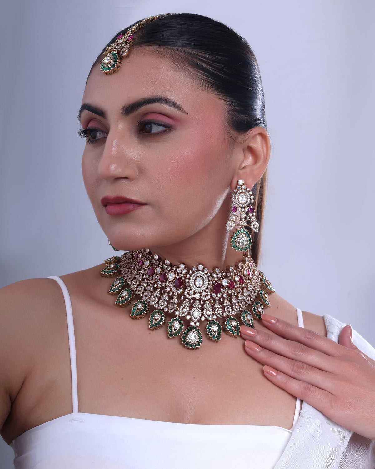 Regal Kundan Bridal Jewellery Set | Indian Jewellery | Kundan Polki Necklace Set | Polki Choker with Earrings & Maang Tikka